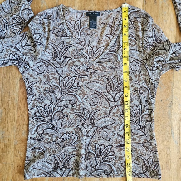 Vtg Limited Top Size Large Brown Paisley Print Sheer Mesh Y2K Boho Stretch Fall - Picture 9 of 11
